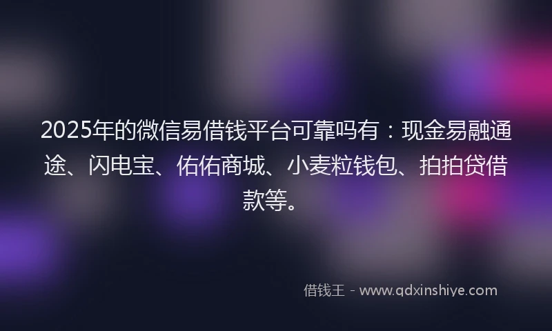 2025年的微信易借钱平台可靠吗有：现金易融通途、闪电宝、佑佑商城、小麦粒钱包、拍拍贷借款等。