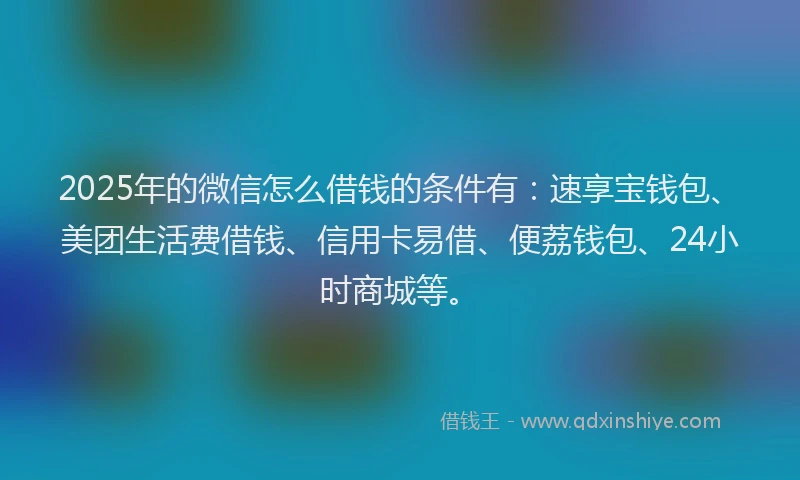 2025年的微信怎么借钱的条件有：速享宝钱包、美团生活费借钱、信用卡易借、便荔钱包、24小时商城等。