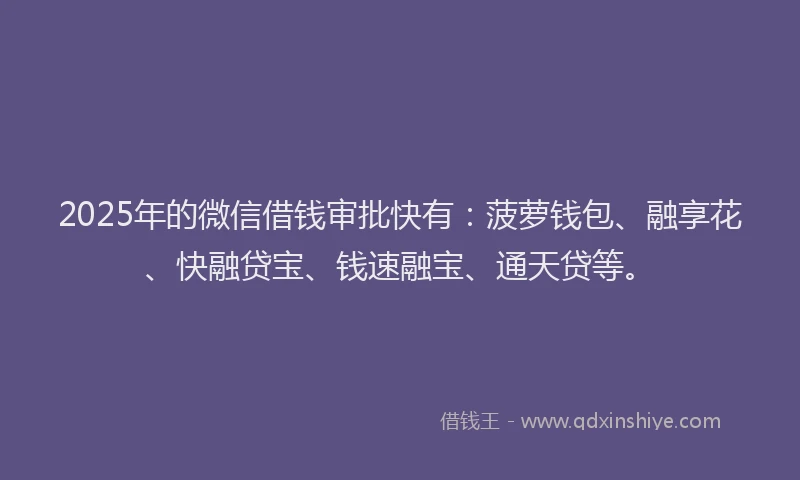 2025年的微信借钱审批快有：菠萝钱包、融享花、快融贷宝、钱速融宝、通天贷等。