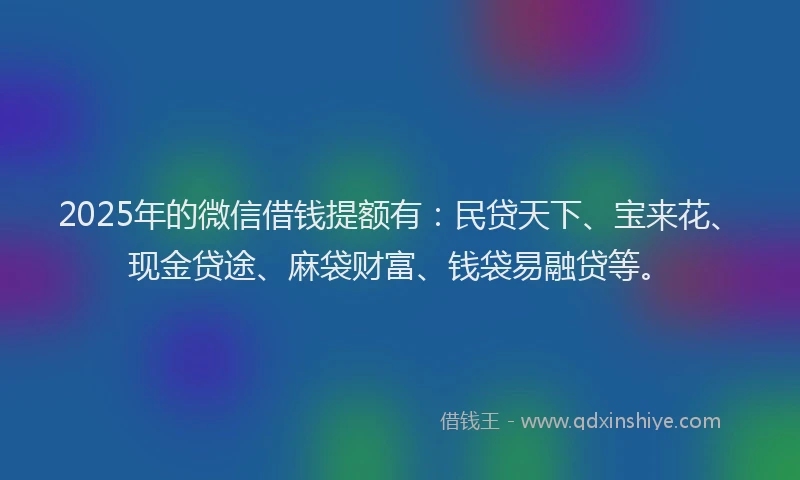 2025年的微信借钱提额有：民贷天下、宝来花、现金贷途、麻袋财富、钱袋易融贷等。