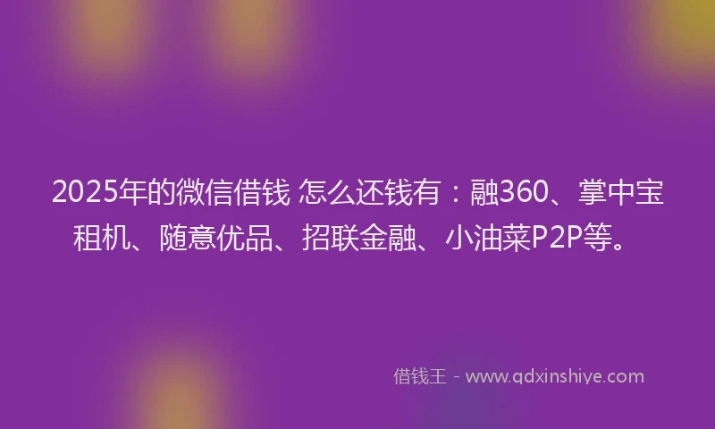 2025年的微信借钱 怎么还钱有：融360、掌中宝租机、随意优品、招联金融、小油菜P2P等。