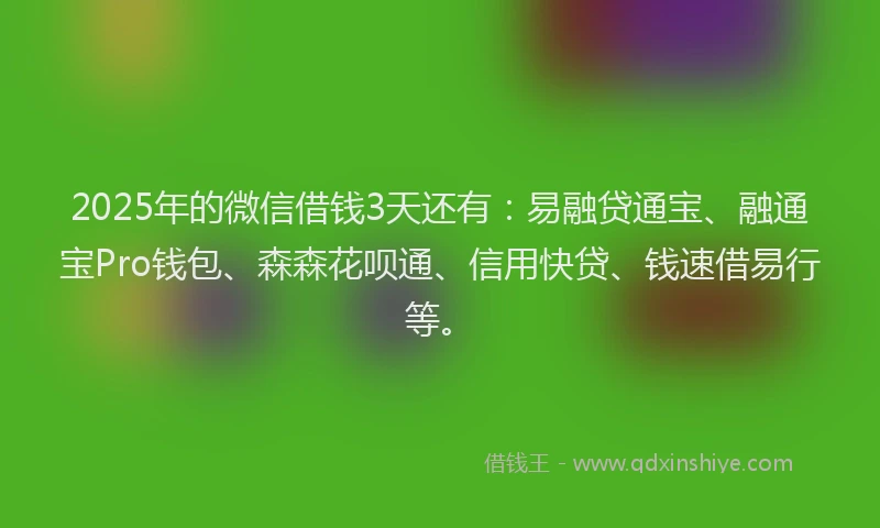 2025年的微信借钱3天还有：易融贷通宝、融通宝Pro钱包、森森花呗通、信用快贷、钱速借易行等。