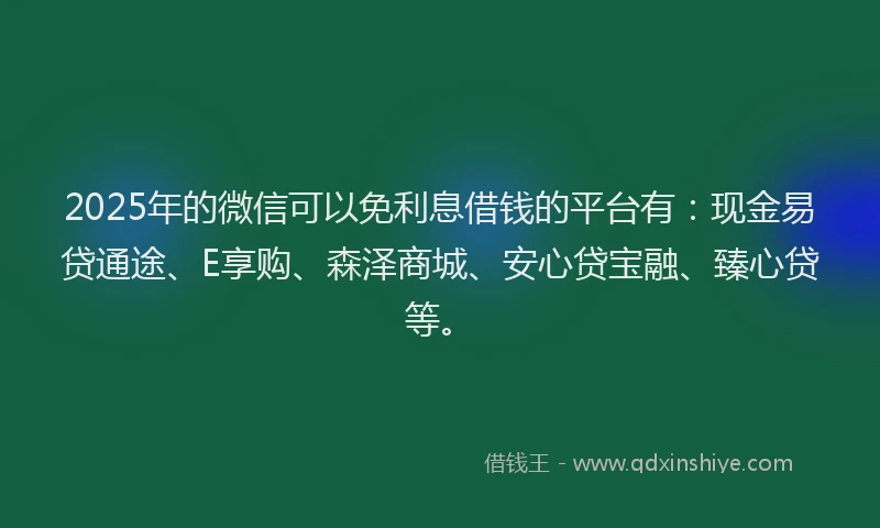 2025年的微信可以免利息借钱的平台有：现金易贷通途、E享购、森泽商城、安心贷宝融、臻心贷等。