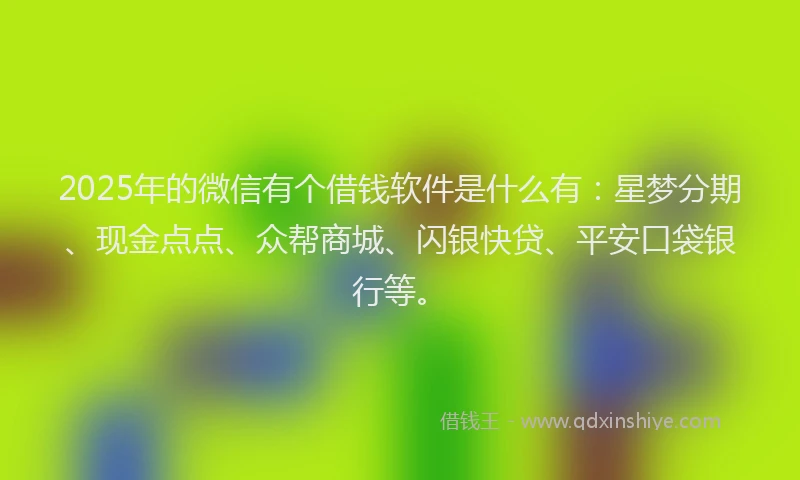 2025年的微信有个借钱软件是什么有：星梦分期、现金点点、众帮商城、闪银快贷、平安口袋银行等。