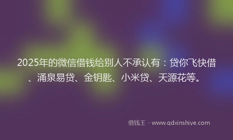 2025年的微信借钱给别人不承认有：贷你飞快借、涌泉易贷、金钥匙、小米贷、天源花等。