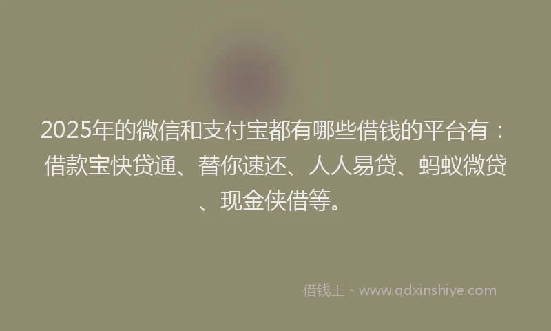 2025年的微信和支付宝都有哪些借钱的平台有：借款宝快贷通、替你速还、人人易贷、蚂蚁微贷、现金侠借等。