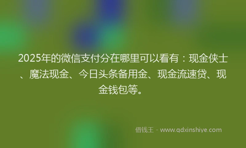 2025年的微信支付分在哪里可以看有：现金侠士、魔法现金、今日头条备用金、现金流速贷、现金钱包等。