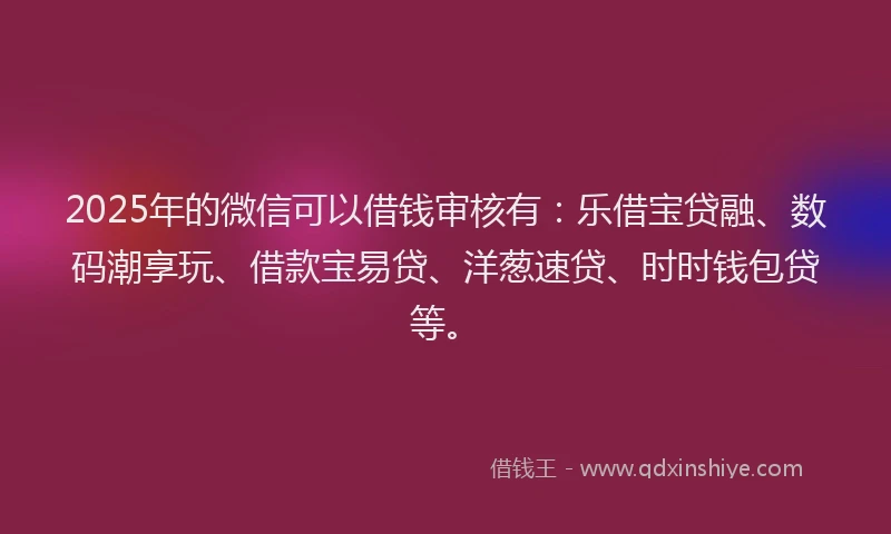 2025年的微信可以借钱审核有：乐借宝贷融、数码潮享玩、借款宝易贷、洋葱速贷、时时钱包贷等。