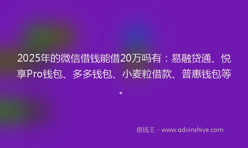 2025年的微信借钱能借20万吗有：易融贷通、悦享Pro钱包、多多钱包、小麦粒借款、普惠钱包等。