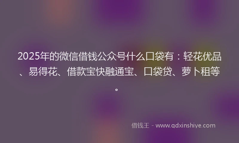 2025年的微信借钱公众号什么口袋有：轻花优品、易得花、借款宝快融通宝、口袋贷、萝卜租等。