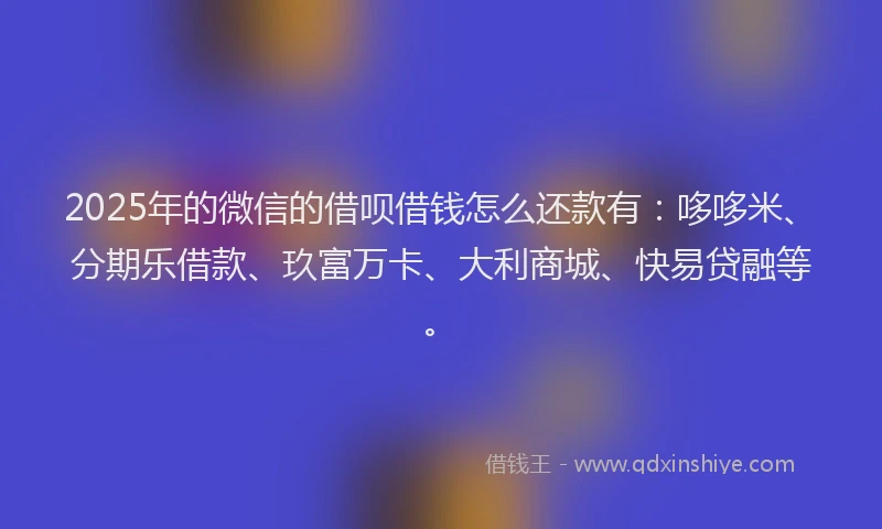 2025年的微信的借呗借钱怎么还款有：哆哆米、分期乐借款、玖富万卡、大利商城、快易贷融等。