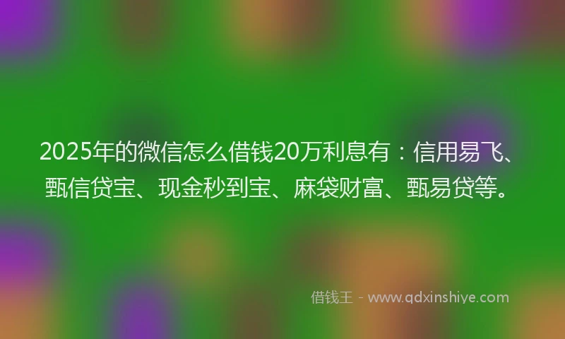 2025年的微信怎么借钱20万利息有：信用易飞、甄信贷宝、现金秒到宝、麻袋财富、甄易贷等。
