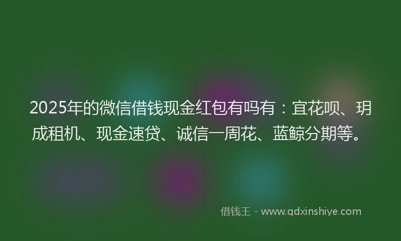 2025年的微信借钱现金红包有吗有：宜花呗、玥成租机、现金速贷、诚信一周花、蓝鲸分期等。