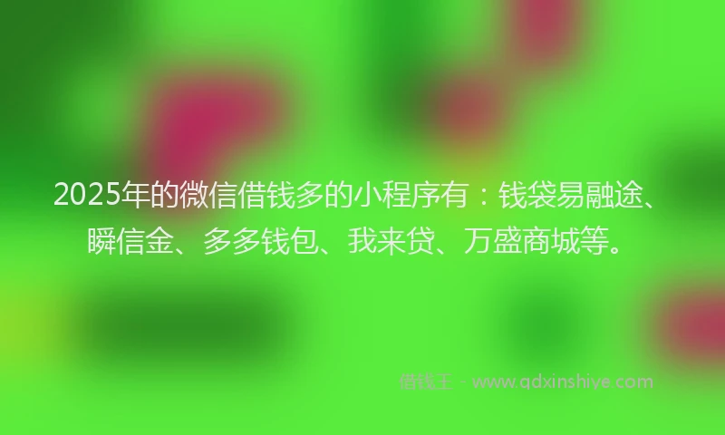 2025年的微信借钱多的小程序有：钱袋易融途、瞬信金、多多钱包、我来贷、万盛商城等。