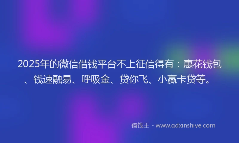 2025年的微信借钱平台不上征信得有：惠花钱包、钱速融易、呼吸金、贷你飞、小赢卡贷等。