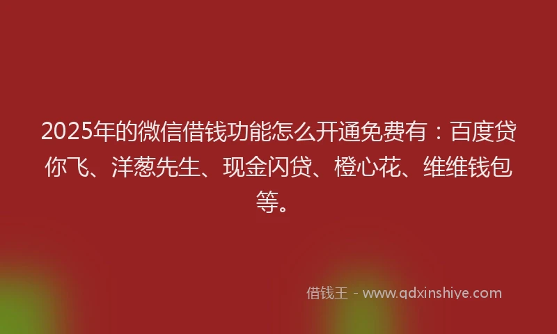 2025年的微信借钱功能怎么开通免费有：百度贷你飞、洋葱先生、现金闪贷、橙心花、维维钱包等。