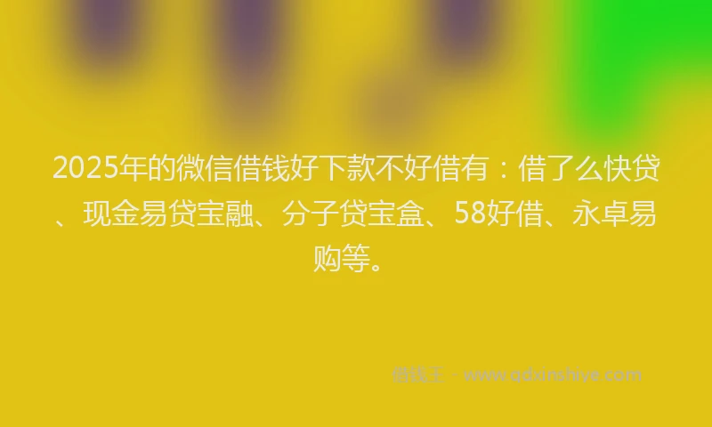 2025年的微信借钱好下款不好借有：借了么快贷、现金易贷宝融、分子贷宝盒、58好借、永卓易购等。