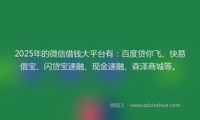 2025年的微信借钱大平台有：百度贷你飞、快易借宝、闪贷宝速融、现金速融、森泽商城等。