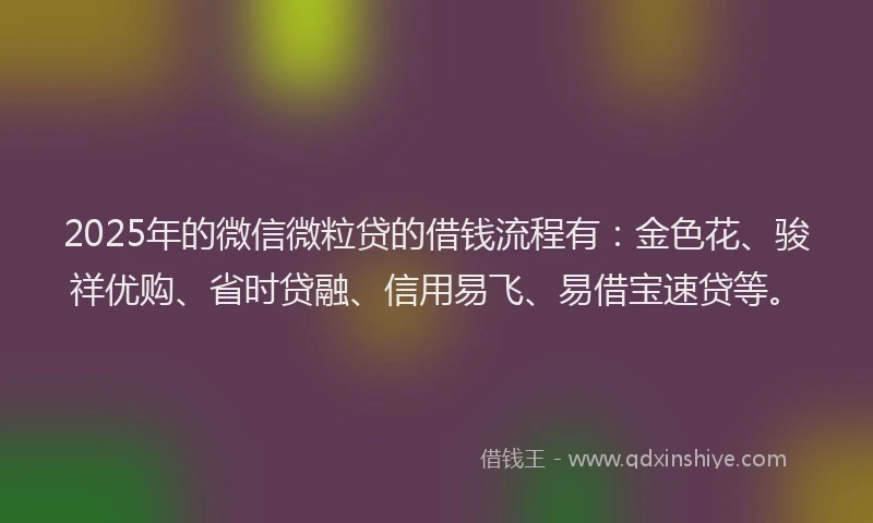 2025年的微信微粒贷的借钱流程有：金色花、骏祥优购、省时贷融、信用易飞、易借宝速贷等。