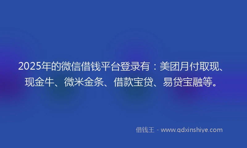 2025年的微信借钱平台登录有：美团月付取现、现金牛、微米金条、借款宝贷、易贷宝融等。