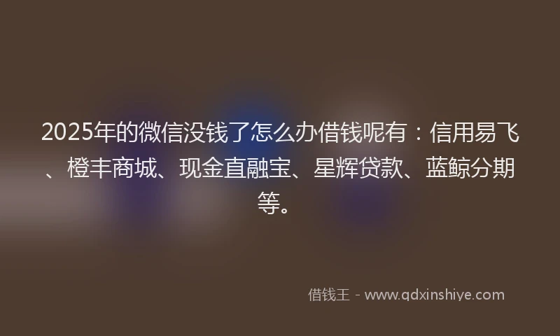 2025年的微信没钱了怎么办借钱呢有：信用易飞、橙丰商城、现金直融宝、星辉贷款、蓝鲸分期等。