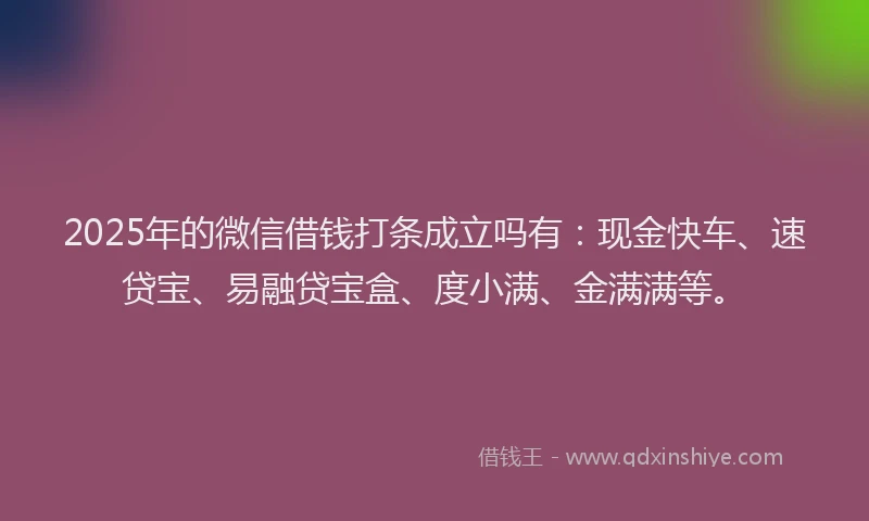 2025年的微信借钱打条成立吗有：现金快车、速贷宝、易融贷宝盒、度小满、金满满等。