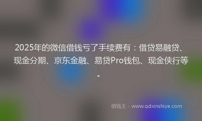 2025年的微信借钱亏了手续费有：借贷易融贷、现金分期、京东金融、易贷Pro钱包、现金侠行等。