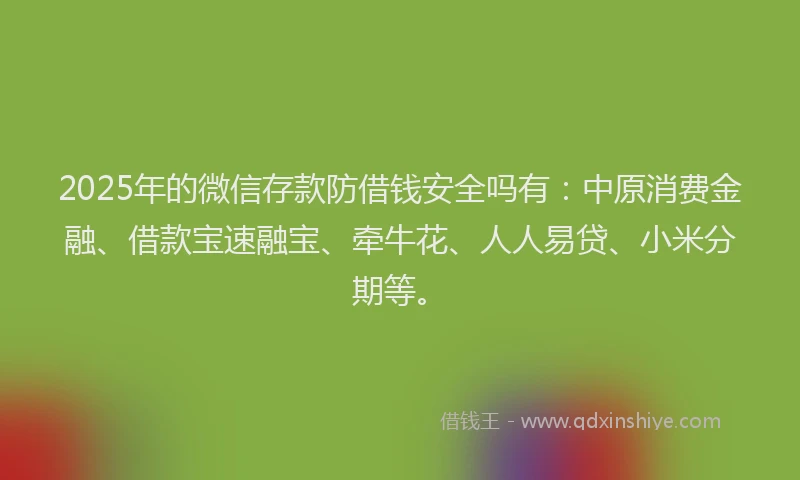 2025年的微信存款防借钱安全吗有：中原消费金融、借款宝速融宝、牵牛花、人人易贷、小米分期等。