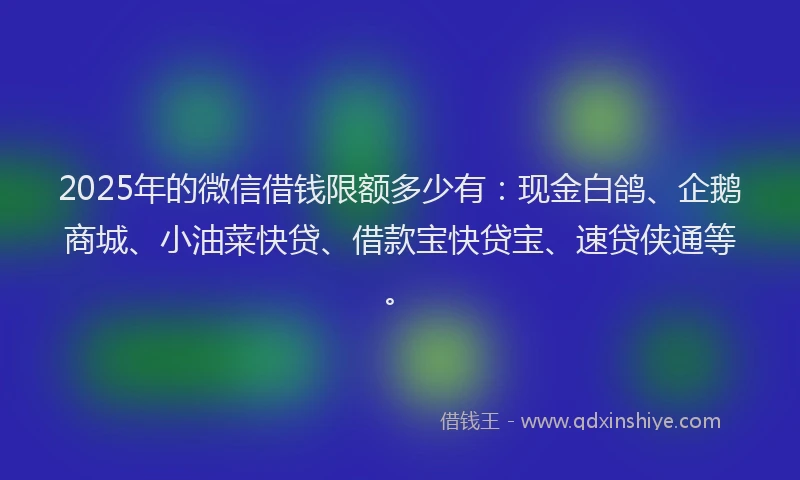 2025年的微信借钱限额多少有：现金白鸽、企鹅商城、小油菜快贷、借款宝快贷宝、速贷侠通等。