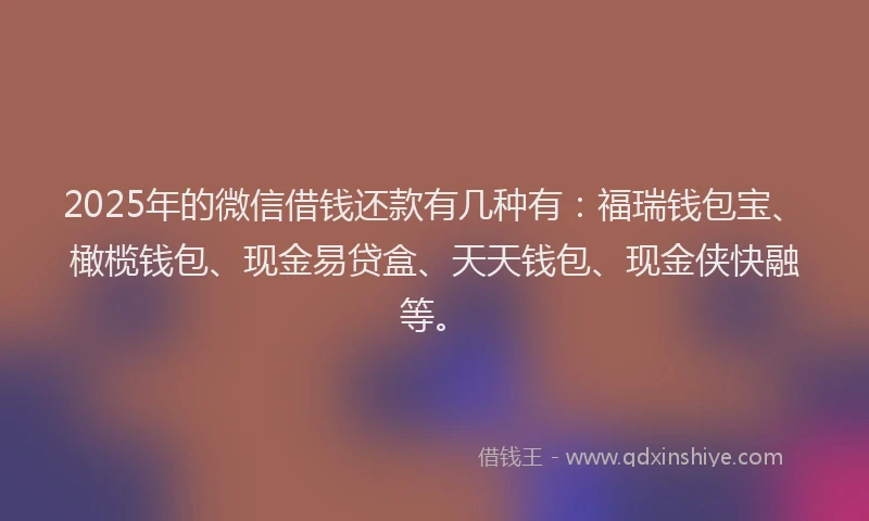2025年的微信借钱还款有几种有：福瑞钱包宝、橄榄钱包、现金易贷盒、天天钱包、现金侠快融等。