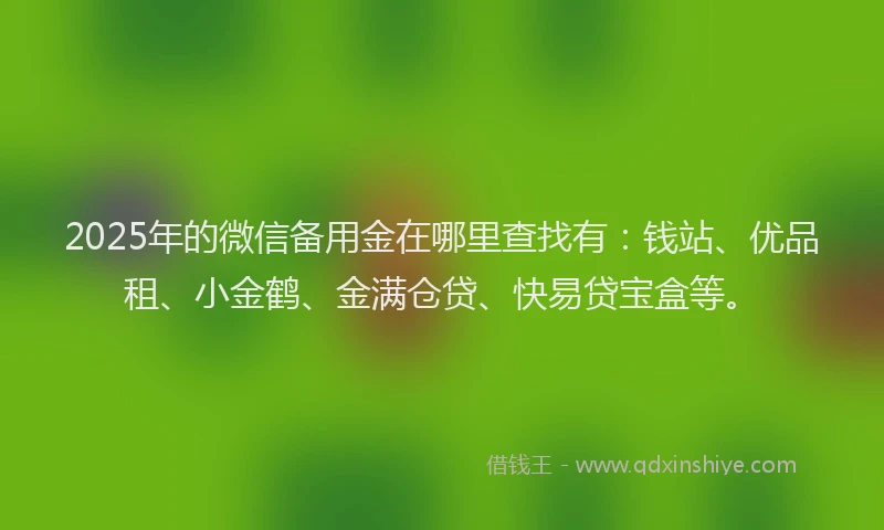 2025年的微信备用金在哪里查找有：钱站、优品租、小金鹤、金满仓贷、快易贷宝盒等。