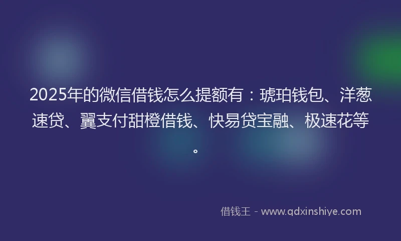2025年的微信借钱怎么提额有：琥珀钱包、洋葱速贷、翼支付甜橙借钱、快易贷宝融、极速花等。
