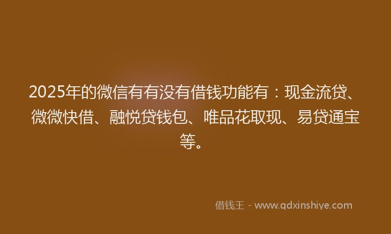 2025年的微信有有没有借钱功能有：现金流贷、微微快借、融悦贷钱包、唯品花取现、易贷通宝等。