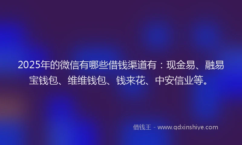 2025年的微信有哪些借钱渠道有:现金易、融易宝钱包、维维钱包、钱来花、中安信业等。