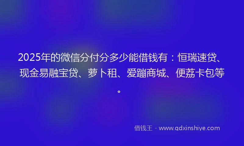 2025年的微信分付分多少能借钱有：恒瑞速贷、现金易融宝贷、萝卜租、爱蹦商城、便荔卡包等。