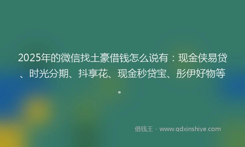 2025年的微信找土豪借钱怎么说有：现金侠易贷、时光分期、抖享花、现金秒贷宝、彤伊好物等。