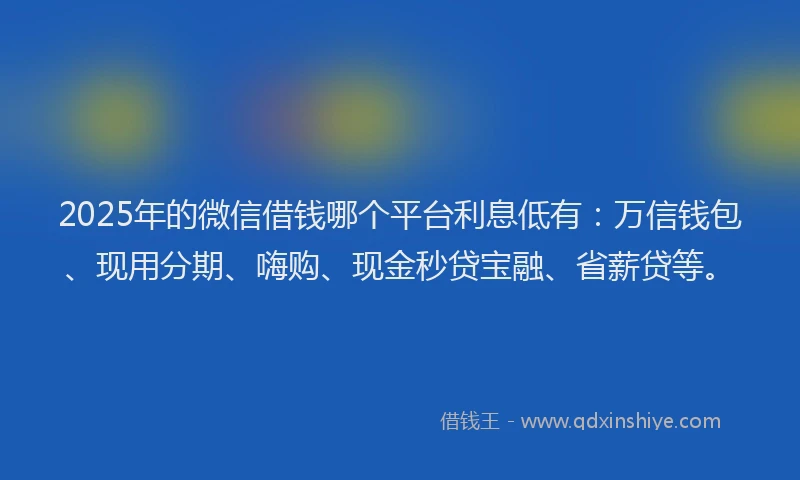2025年的微信借钱哪个平台利息低有：万信钱包、现用分期、嗨购、现金秒贷宝融、省薪贷等。