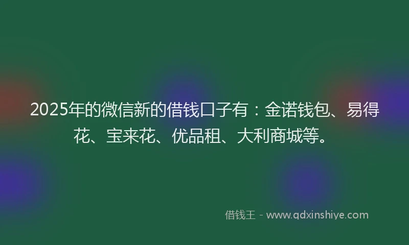 2025年的微信新的借钱口子有：金诺钱包、易得花、宝来花、优品租、大利商城等。