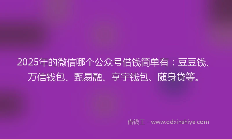2025年的微信哪个公众号借钱简单有：豆豆钱、万信钱包、甄易融、享宇钱包、随身贷等。