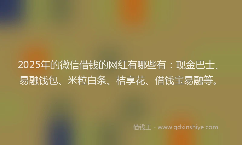 2025年的微信借钱的网红有哪些有：现金巴士、易融钱包、米粒白条、桔享花、借钱宝易融等。