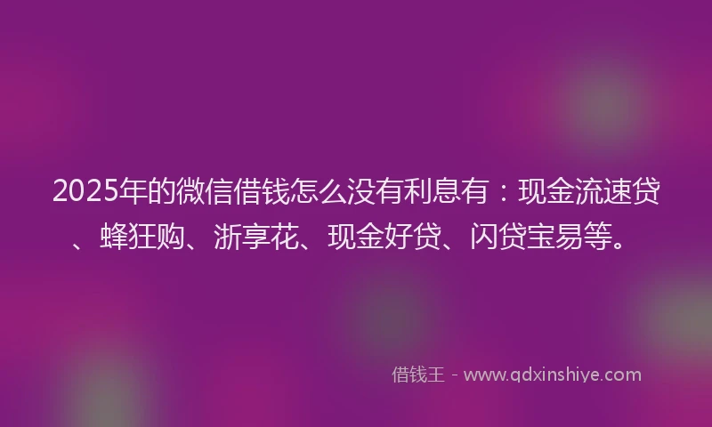 2025年的微信借钱怎么没有利息有：现金流速贷、蜂狂购、浙享花、现金好贷、闪贷宝易等。