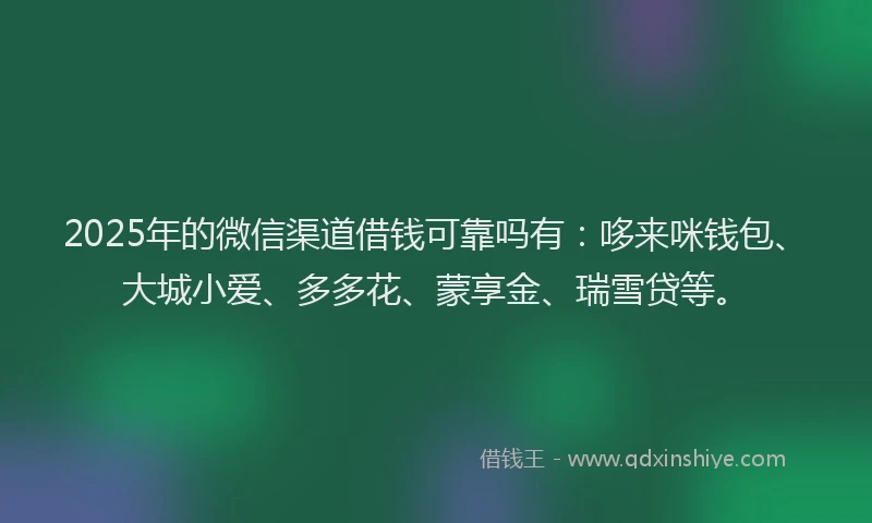 2025年的微信渠道借钱可靠吗有：哆来咪钱包、大城小爱、多多花、蒙享金、瑞雪贷等。
