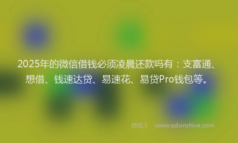 2025年的微信借钱必须凌晨还款吗有：支富通、想借、钱速达贷、易速花、易贷Pro钱包等。