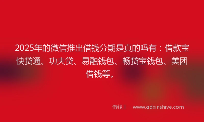 2025年的微信推出借钱分期是真的吗有：借款宝快贷通、功夫贷、易融钱包、畅贷宝钱包、美团借钱等。