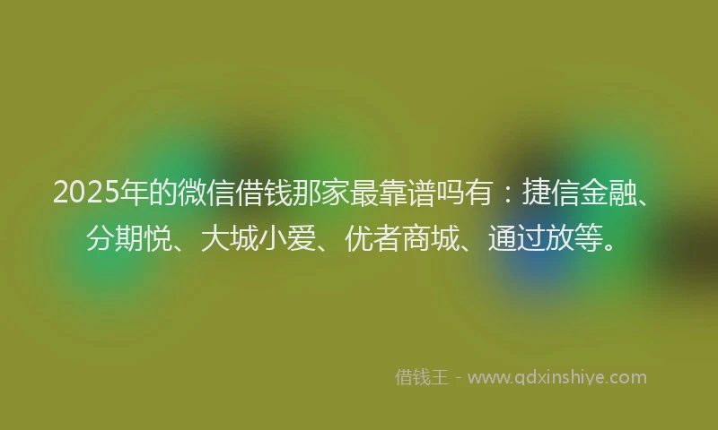 2025年的微信借钱那家最靠谱吗有：捷信金融、分期悦、大城小爱、优者商城、通过放等。