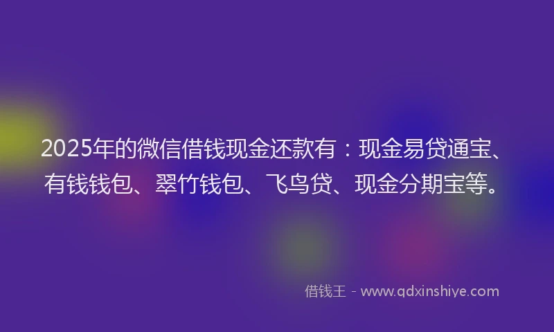2025年的微信借钱现金还款有：现金易贷通宝、有钱钱包、翠竹钱包、飞鸟贷、现金分期宝等。