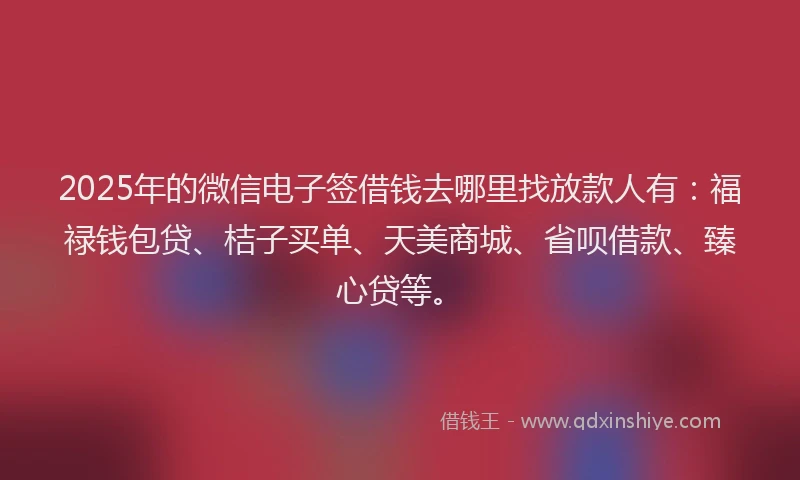 2025年的微信电子签借钱去哪里找放款人有：福禄钱包贷、桔子买单、天美商城、省呗借款、臻心贷等。