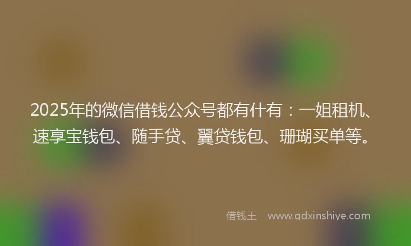 2025年的微信借钱公众号都有什有：一姐租机、速享宝钱包、随手贷、翼贷钱包、珊瑚买单等。