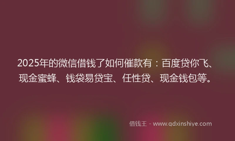 2025年的微信借钱了如何催款有：百度贷你飞、现金蜜蜂、钱袋易贷宝、任性贷、现金钱包等。