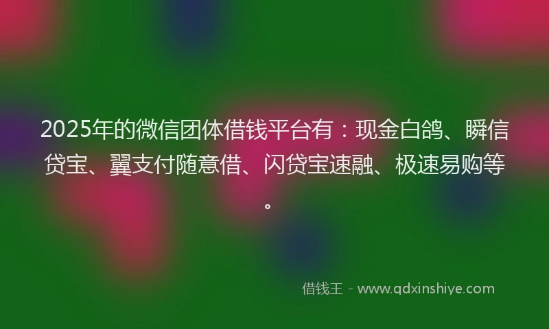 2025年的微信团体借钱平台有：现金白鸽、瞬信贷宝、翼支付随意借、闪贷宝速融、极速易购等。